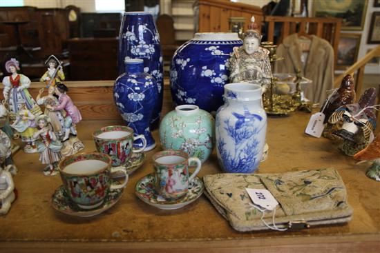 5 Oriental vases & jars, Canton cups & saucers, warrior figure & embroidered purse